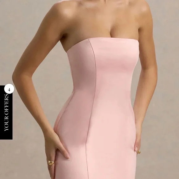 Club L London Blush Pink Satin Bandeau Maxi Dress With Fringe - Picture 7 of 10